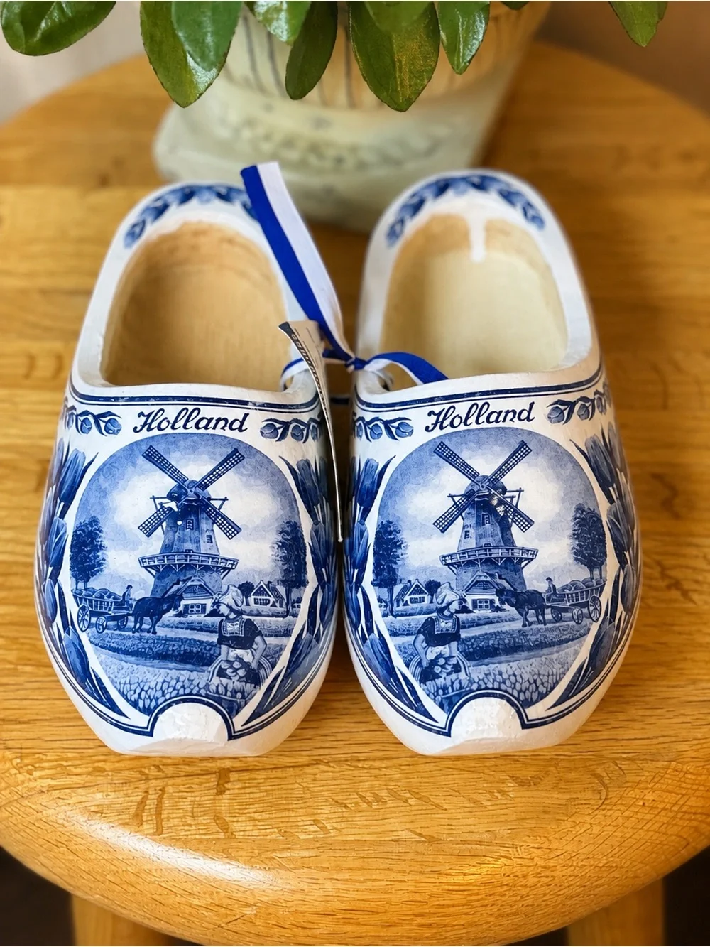 Vintage Holland Dutch Wooden Clogs Blue White Windmill Shoes Netherlands